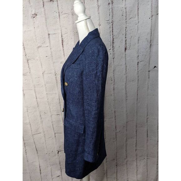 Polo Ralph Lauren Double- Breasted Linen Navy Chambray Long Blazer Coat Lightwei - Picture 9 of 10